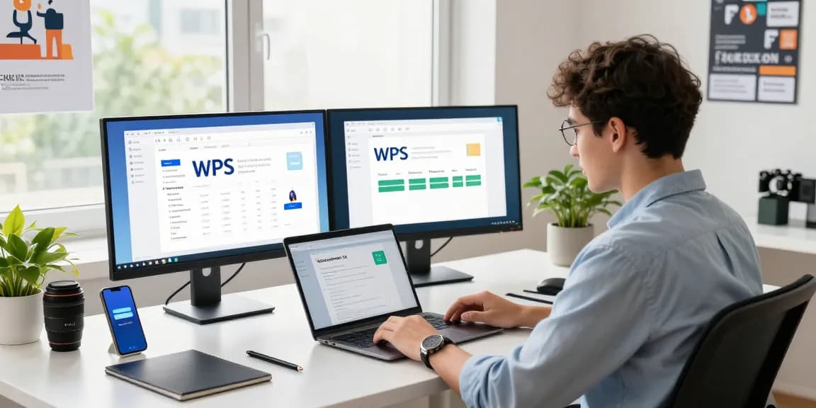 Seamlessly working in a vibrant office using WPS Download on dual monitors with modern tech setup.
