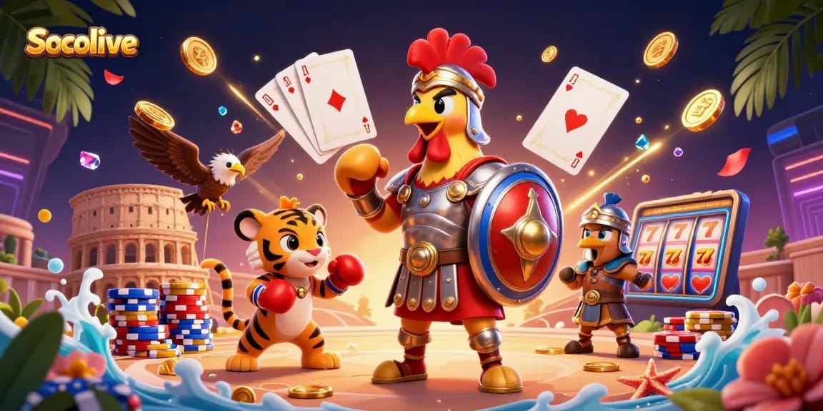 Experience thrilling moments with Socolive as the gladiator rooster and cub battle in a dynamic arena.