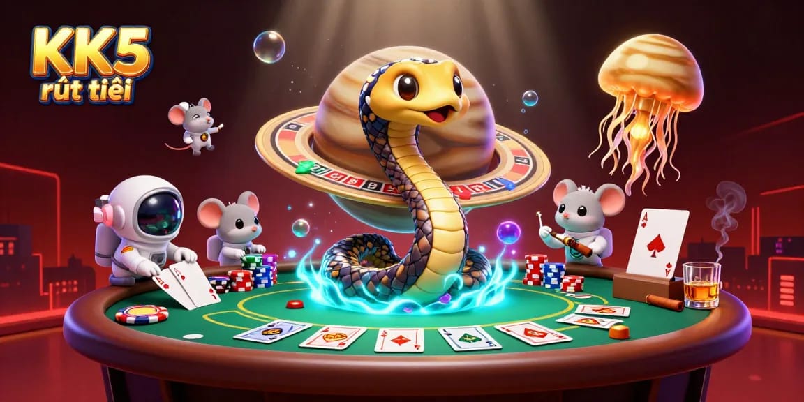 Engage in exciting gameplay with KK5 rút tiền surrounded by cosmic characters and colorful casino elements.