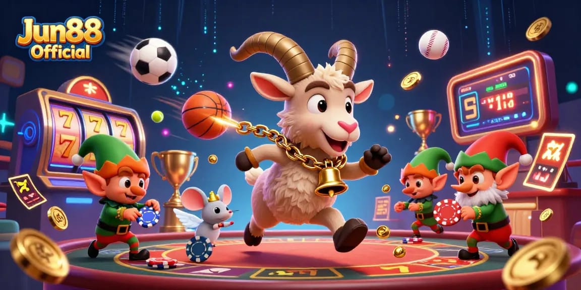 Experience the thrilling atmosphere of Jun88 Official as cartoon characters engage in casino fun, with dynamic gaming elements.
