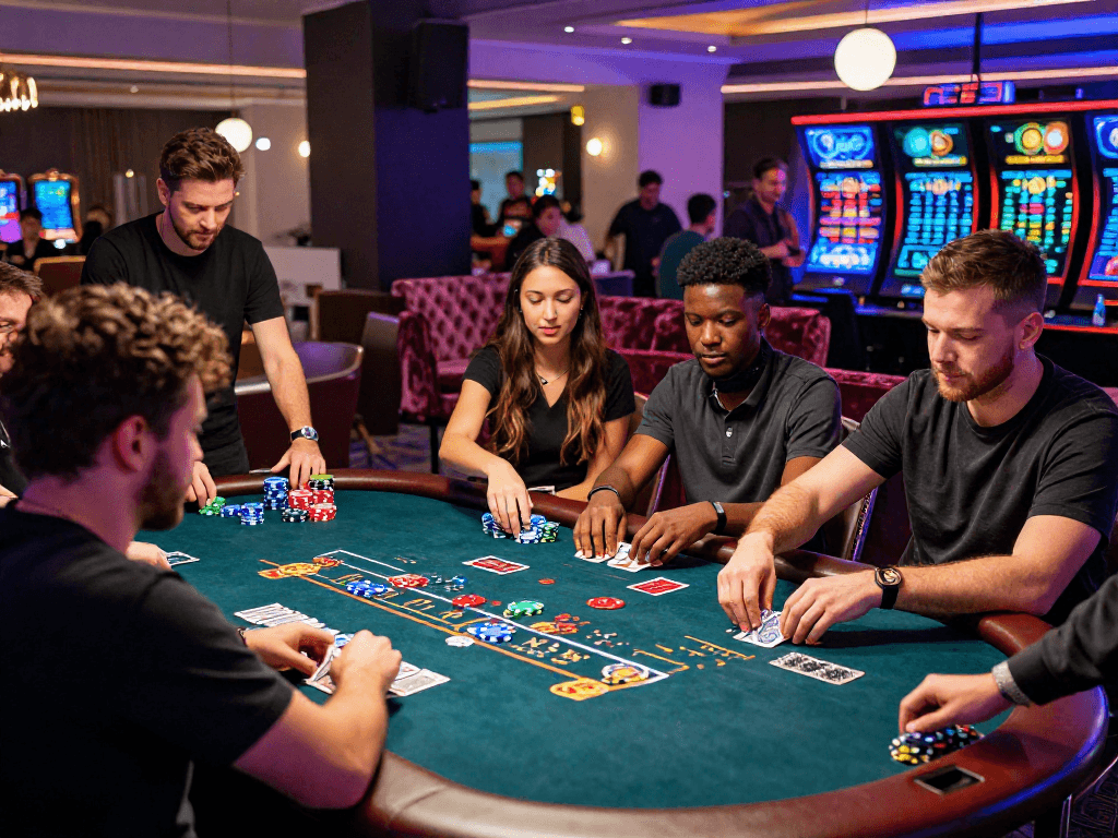 Exciting crypto casino ambiance with diverse players, poker table, and digital screens showcasing cryptocurrency trends.