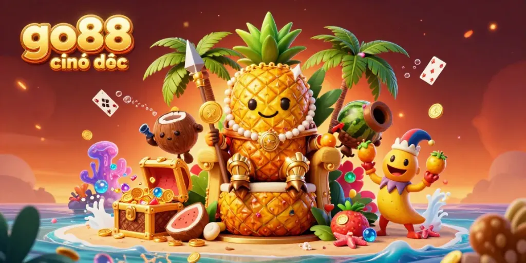 Capture the excitement of gambling at go88 chính thức with a golden pineapple king at a beach casino surrounded by treasures.