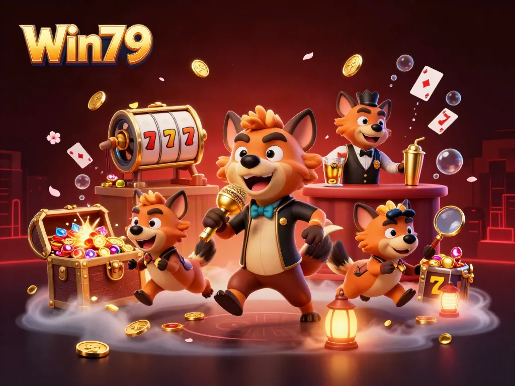 Win79 comedy casino scene featuring hyenas with lively characters and dynamic gambling elements in action.