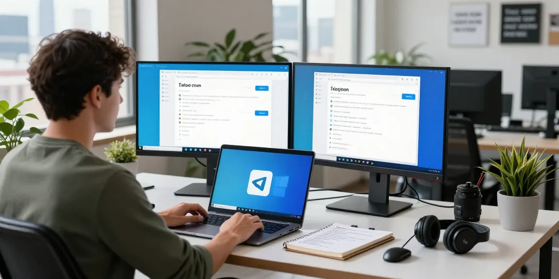 Using the Telegram web version on monitors in a modern tech workspace