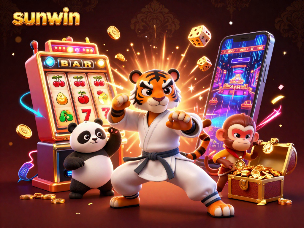 Experience thrilling gaming at sunwin with a colorful 3D casino scene capturing exhilarating wins and playful characters.
