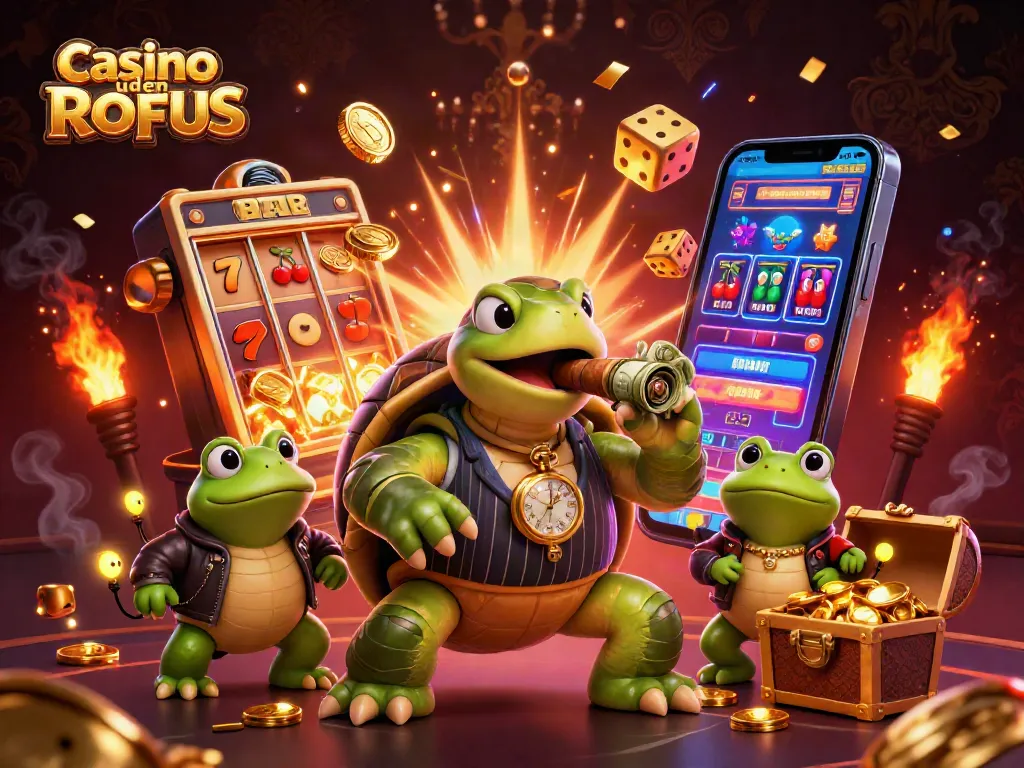 Win big at casino uden ROFUS with a thrilling scene of cartoon characters and games!