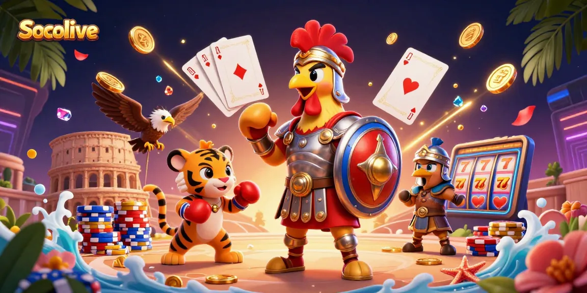 Experience thrilling moments with Socolive as the gladiator rooster and cub battle in a dynamic arena.