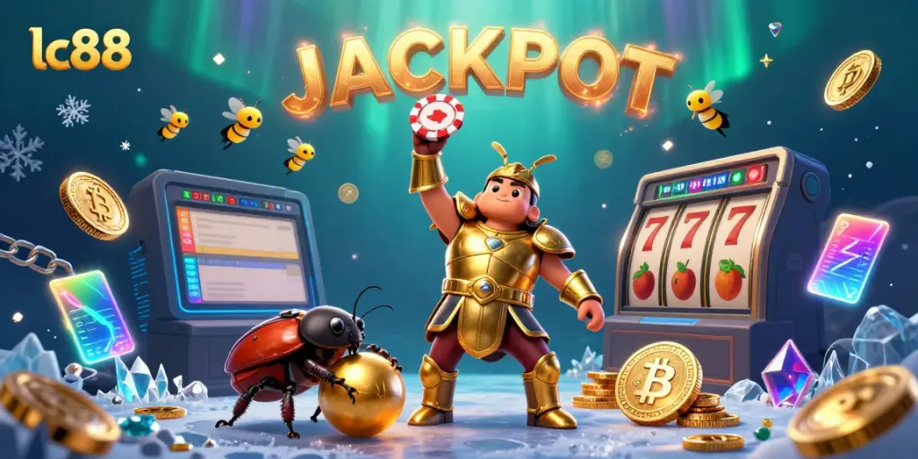 Experience the thrill of lc88 as a heroic beetle celebrates a jackpot victory, showcasing vibrant casino elements.