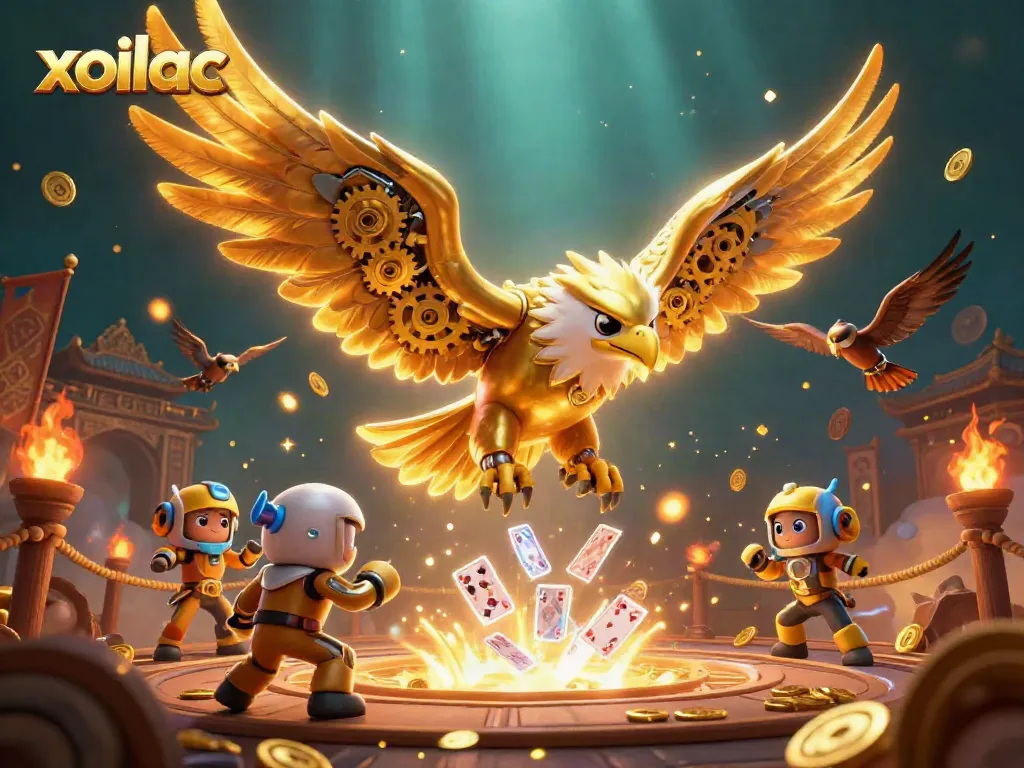 Xoilac brings the excitement of live betting with a dynamic scene featuring a cyber eagle and holographic cards.