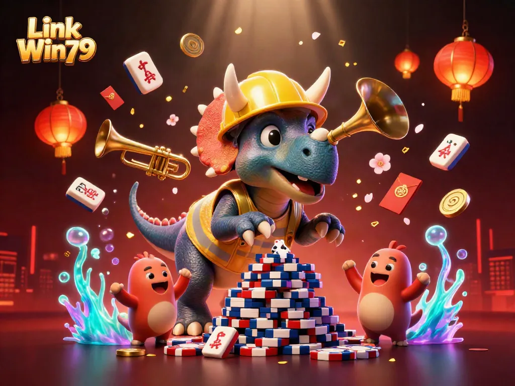 Link Win79 showcases an exciting casino atmosphere filled with poker chips and celebrations.
