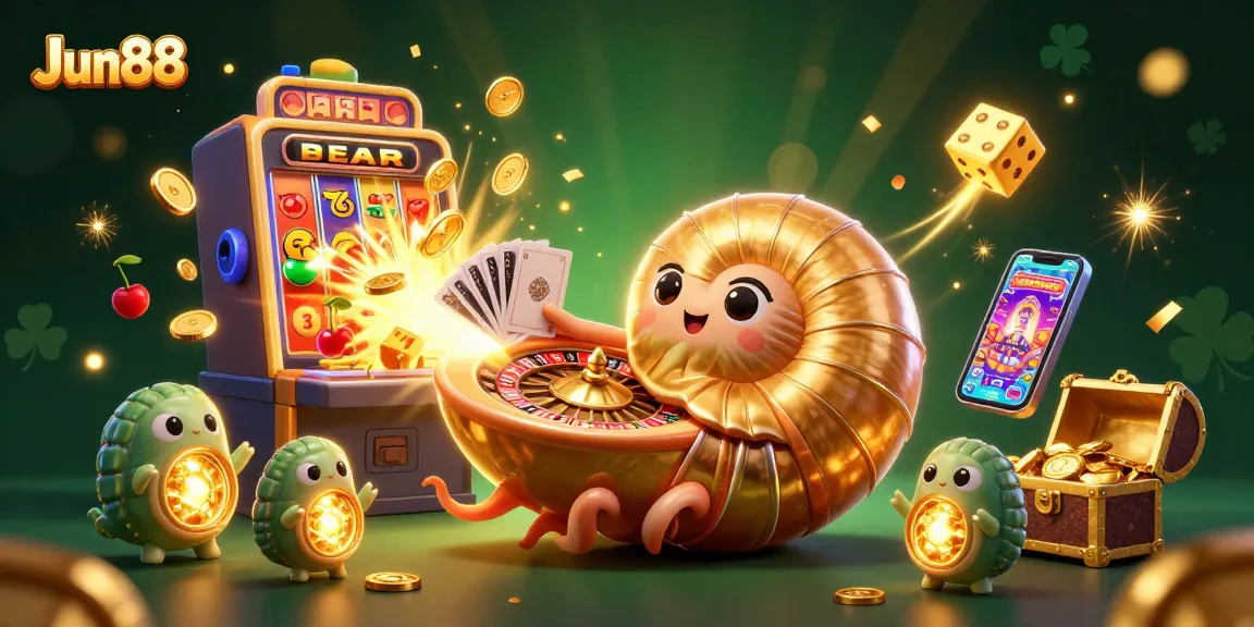 Win big at Jun88 with dynamic casino games featuring a vibrant 3D nautilus and jackpot elements.