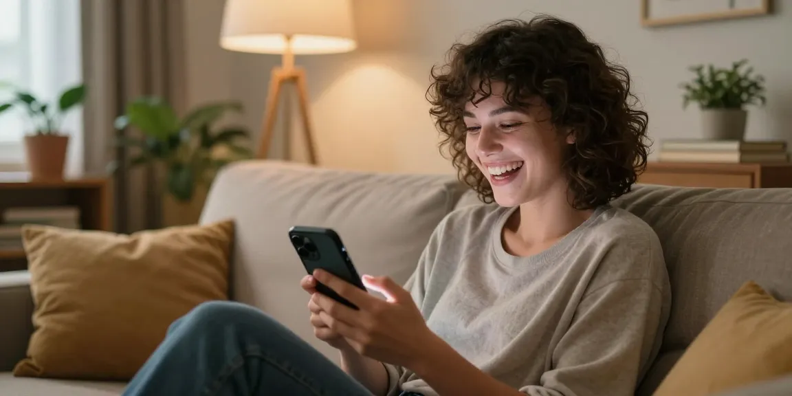 Person joyfully interacting with a girlfriend AI on smartphone in a cozy home setting.