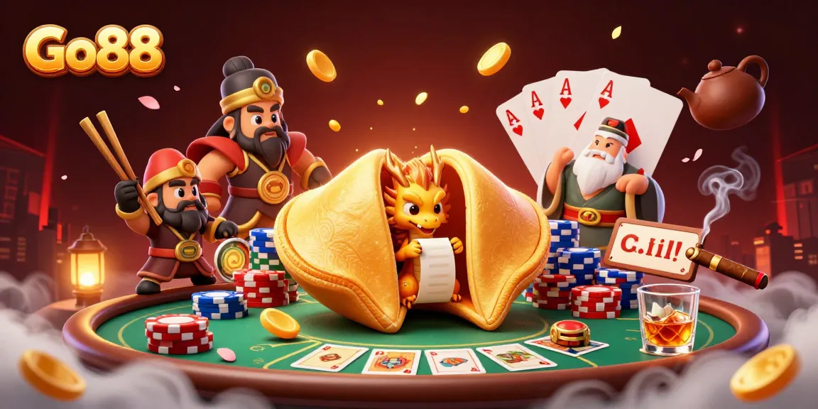 Engage with Go88's vibrant casino world, showcasing a dynamic dragon and a golden fortune cookie surrounded by poker elements.