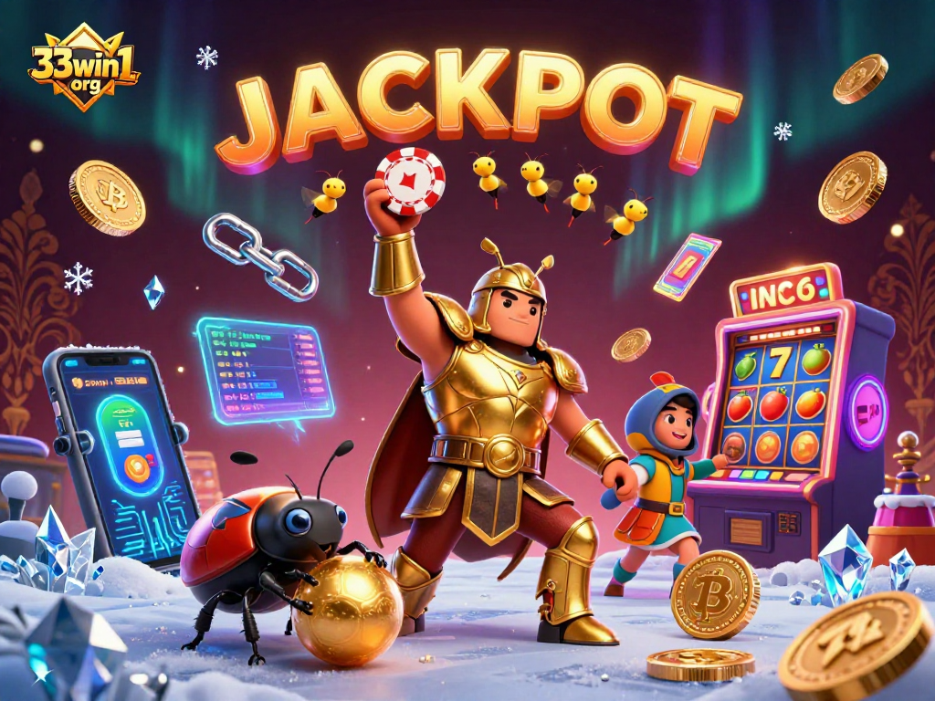 33win1 org showcases a cartoon beetle celebrating a jackpot victory amid vibrant casino elements.