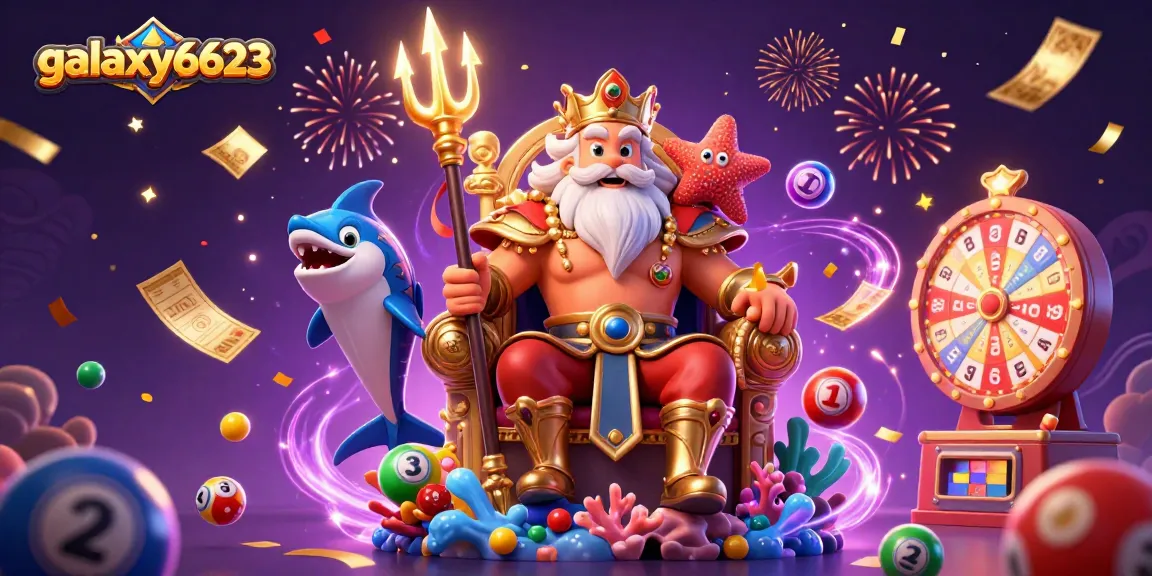 Join Neptune and a samurai in an entertaining galaxy6623 lottery scene with vibrant game elements.