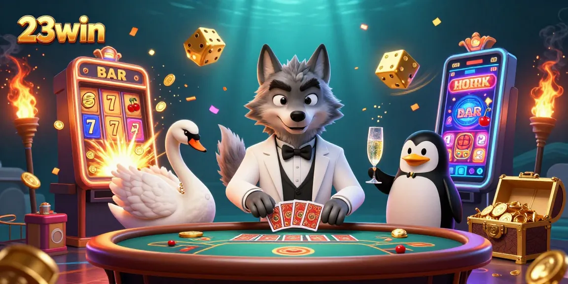 Experience thrilling wins with 23win's vibrant casino scene, showcasing lively characters and exciting game elements.