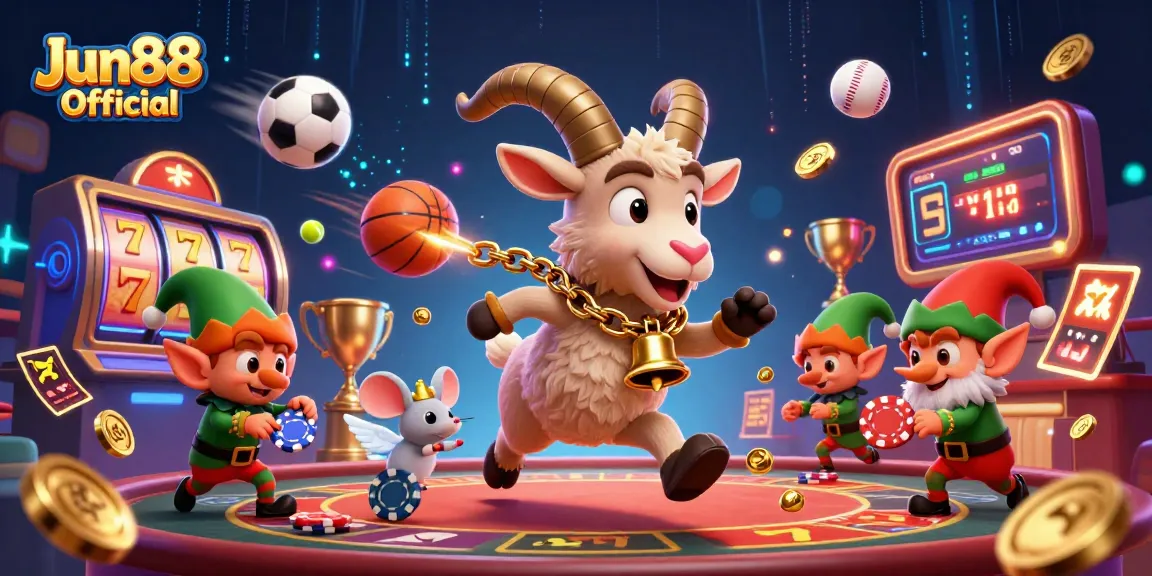 Experience the thrilling atmosphere of Jun88 Official as cartoon characters engage in casino fun, with dynamic gaming elements.
