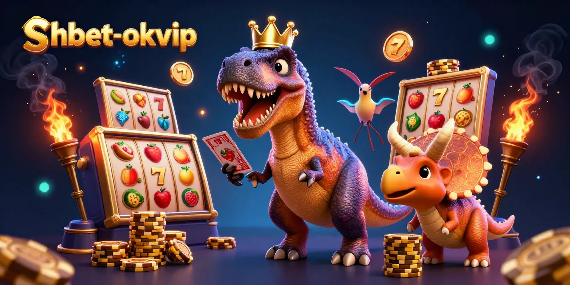 Engage with the vibrant shbet-okvip scene featuring a T-Rex and friends in an exciting casino atmosphere.