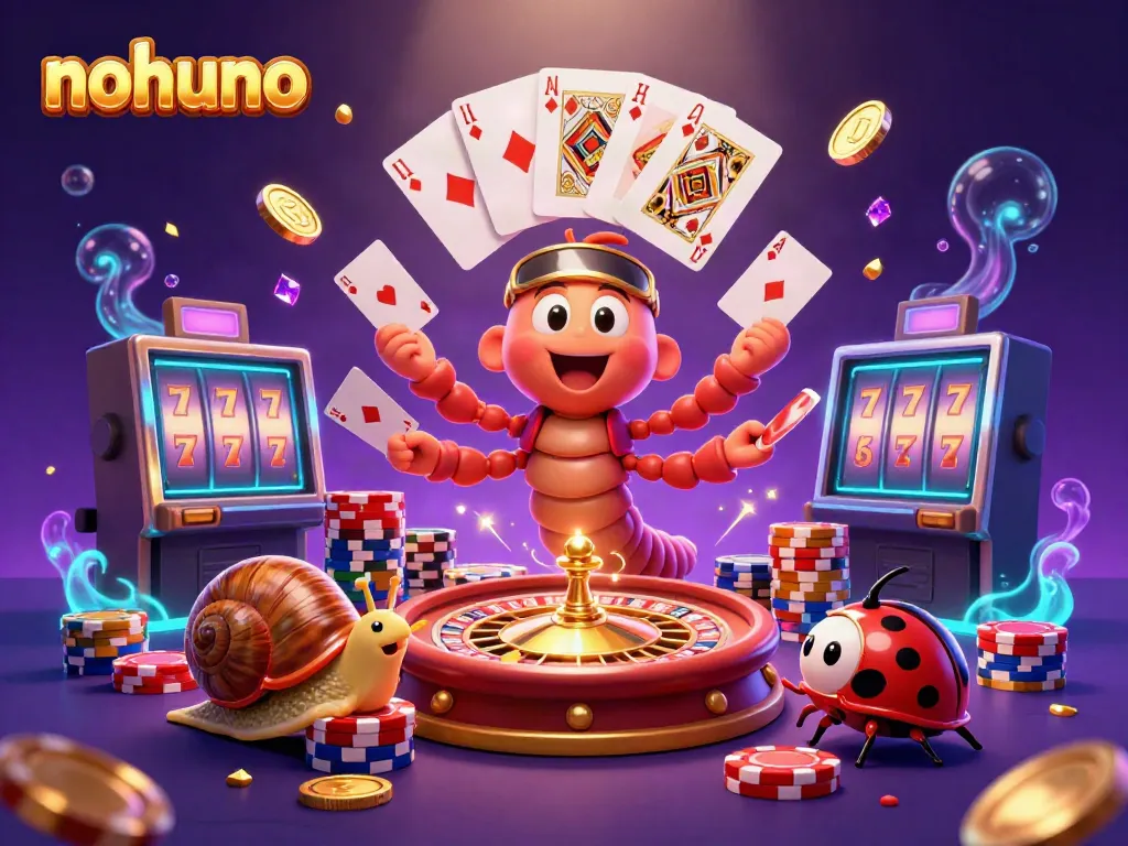 Experience thrilling gameplay at nohuno with colorful cards, chips, and jackpot moments in a vibrant casino scene.