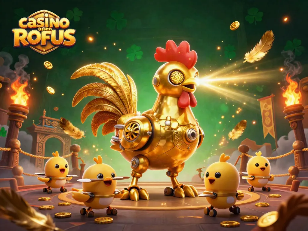 Engage in dynamic gameplay at casino uden ROFUS with a futuristic golden rooster and playful chick drones.