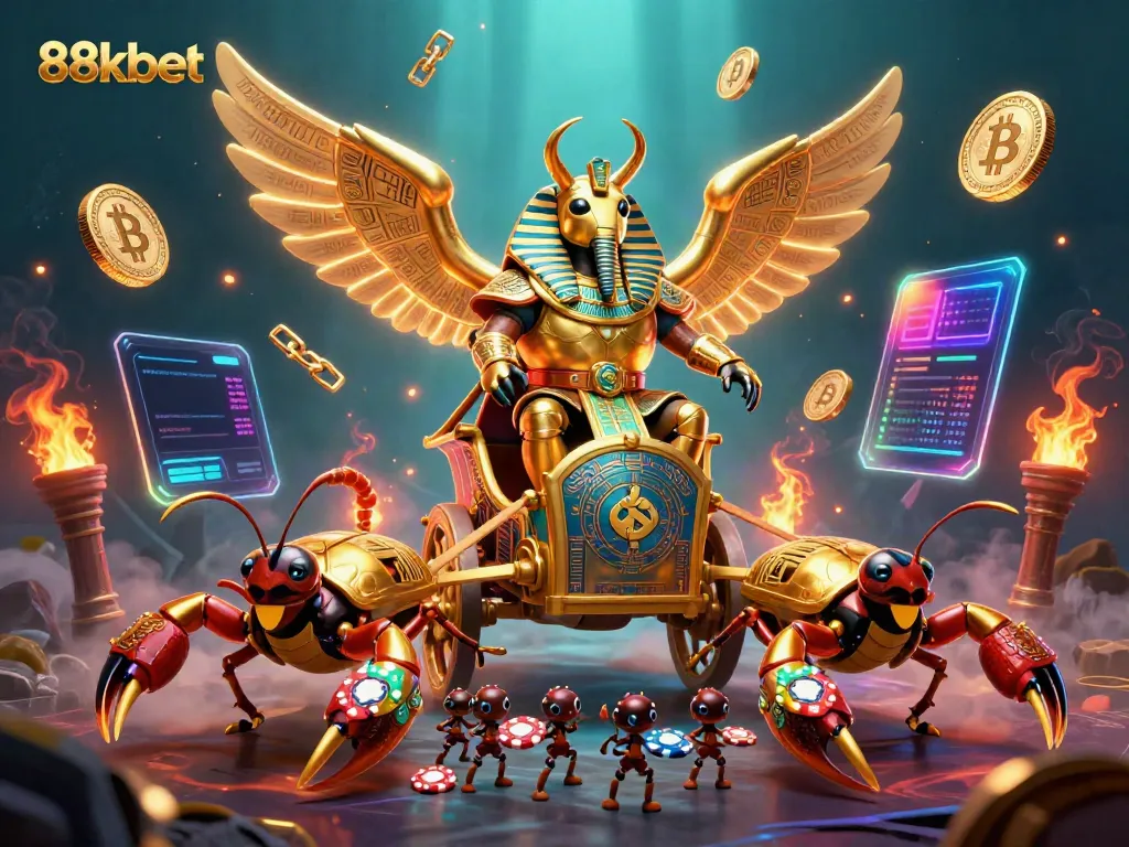Experience thrilling gameplay with 88kbet as golden scarab beetles and scorpions surround crypto symbols.