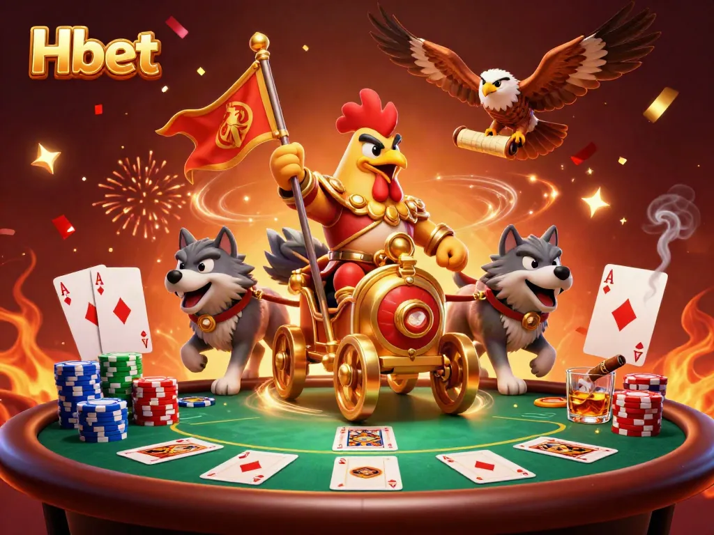 Experience the intense action of Hbet with a cartoon rooster warlord leading a poker battle scene.