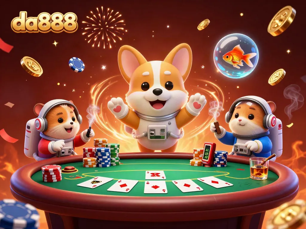 Engage in thrilling gameplay at da888 with our dynamic casino scene featuring floating poker chips and animated characters.