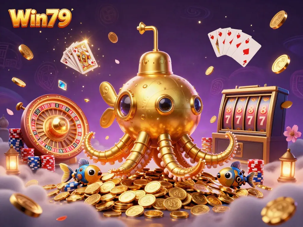 Win79: Discover the exciting world of online gambling with a dynamic scene featuring a golden kraken submarine amidst coins and vibrant casino elements.