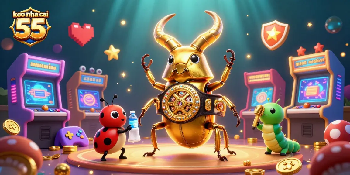 Engage with keo nha cai 55 in this vibrant casino-themed illustration featuring a boxing beetle.