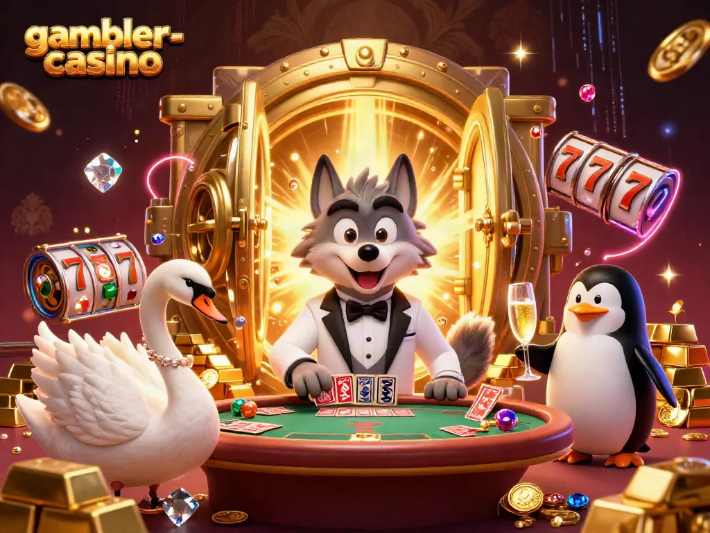 Spela vinster på gambler-casino med eleganta karaktärer och gnistrande skatter i bakgrunden.