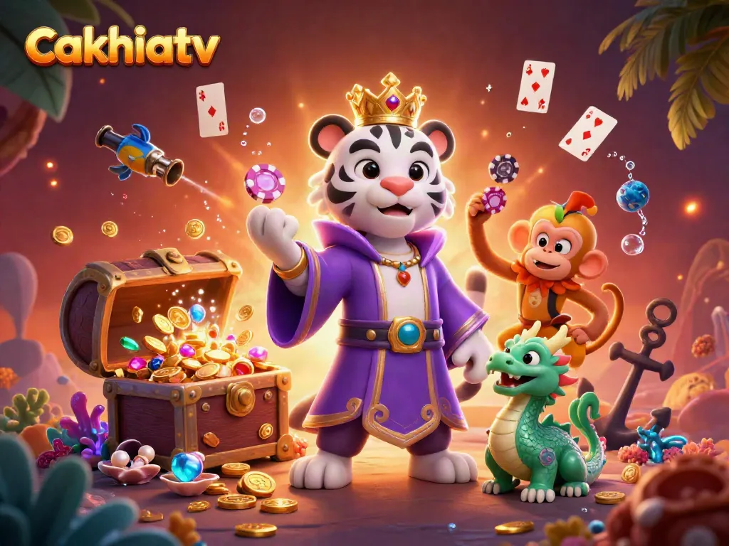 Experience lively gaming adventures with cakhiatv featuring a regal tiger and playful monkey amid sparkling treasures.