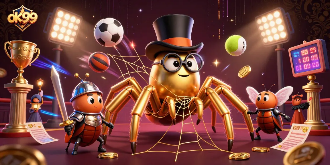Experience excitement with ok99 betting as a golden tarantula weaves luck in a lively casino scene.
