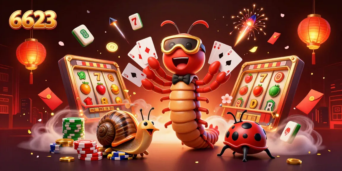 Spin the slots with 6623's vibrant casino characters in a dynamic, festive scene.