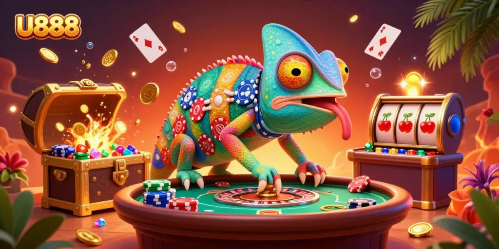 Experience U888’s vibrant casino scene with the colorful chameleon owner, coins, and gaming elements
