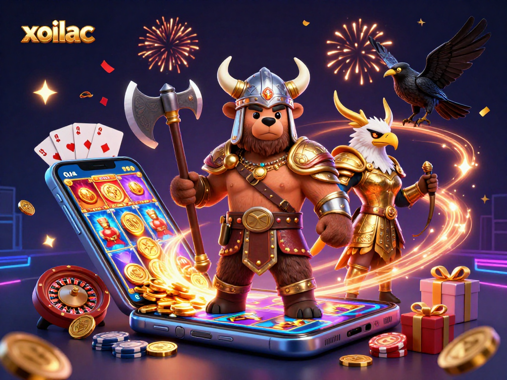 Experience gripping action with xoilac's Viking berserker and Valkyrie amid slots and casino elements.
