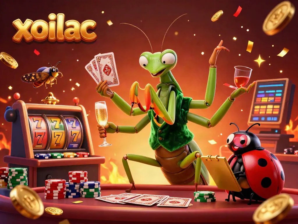 Xoilac offers a vibrant casino scene featuring a giant mantis card sharp and a ladybug pit boss, embodying excitement.