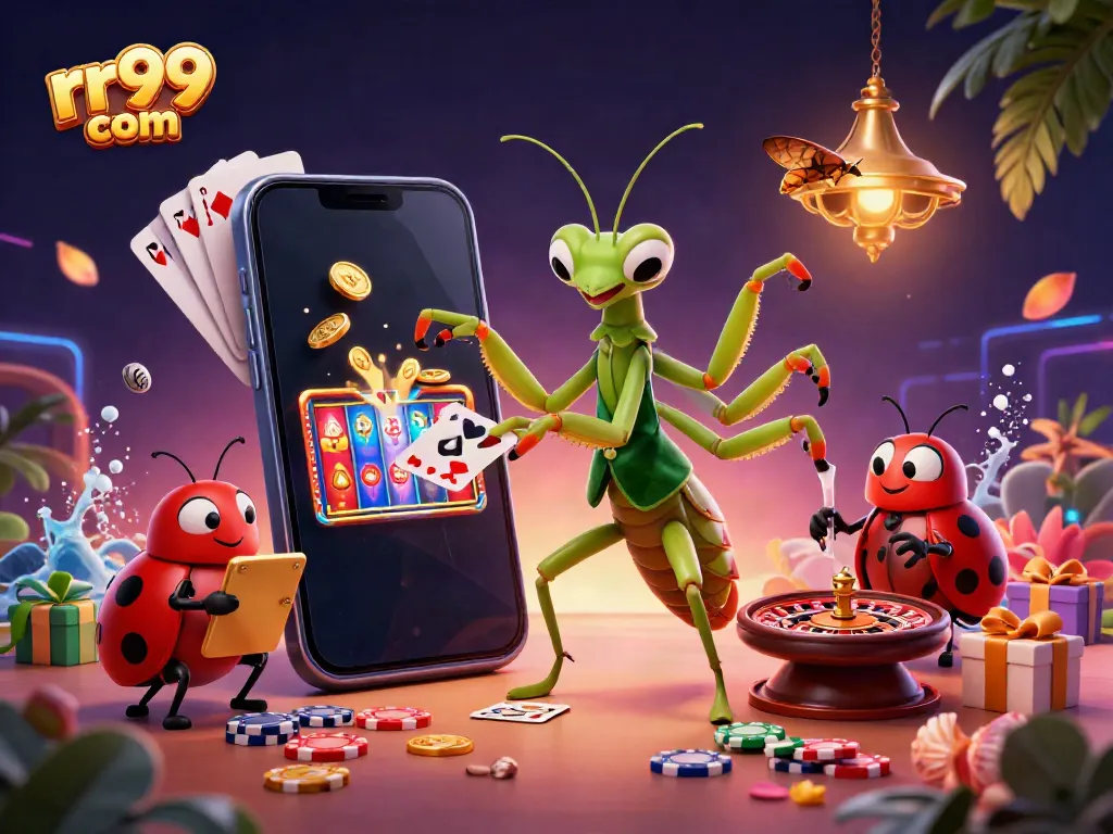 Engage in thrilling gameplay at rr99 com featuring vibrant slot scenes with a colorful giant mantis dealer.