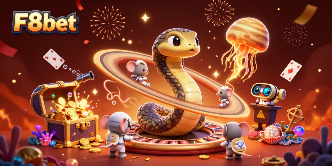 Engage in thrilling gameplay with F8bet's cosmic casino illustration featuring a roulette wheel and betting mice.