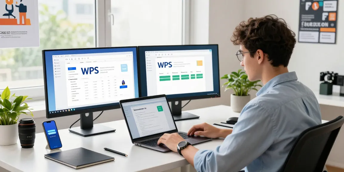 Seamlessly working in a vibrant office using WPS Download on dual monitors with modern tech setup.