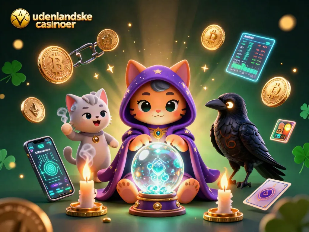 Engage with udenlandske casinoer through a mystical 3D scene featuring fortune teller cat and dynamic game elements.