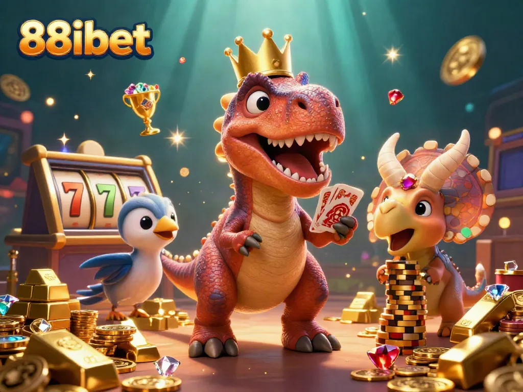 Engage in thrilling gameplay with 88ibet's vibrant casino scene featuring cartoon dinosaur characters.