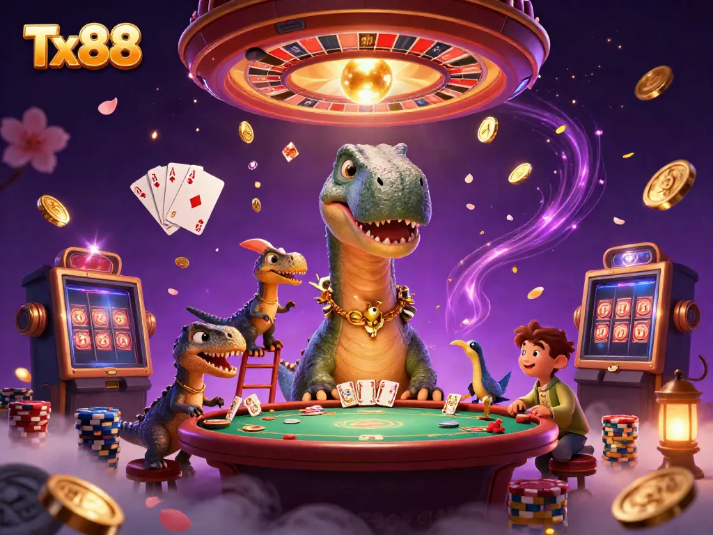 Engaging Tx88 illustration with a brontosaurus and raptor in a vibrant casino scene, showcasing various games and elements.