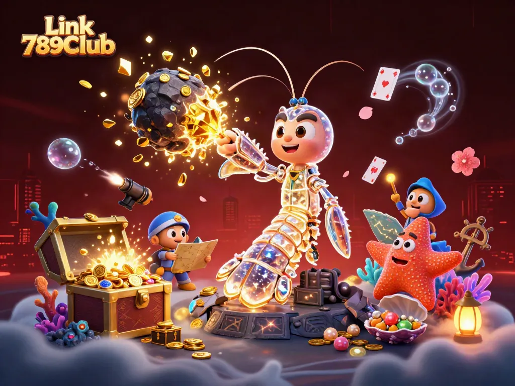 Link 789Club showcases a vibrant underwater scene with a galactic samurai shrimp among golden gems and treasure.