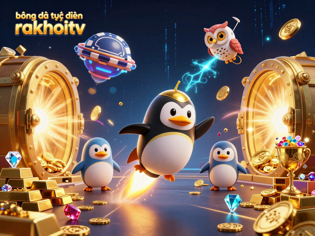 Bóng đá trực tuyến rakhoitv features a dynamic 3D casino scene with a golden penguin and lavish treasures.