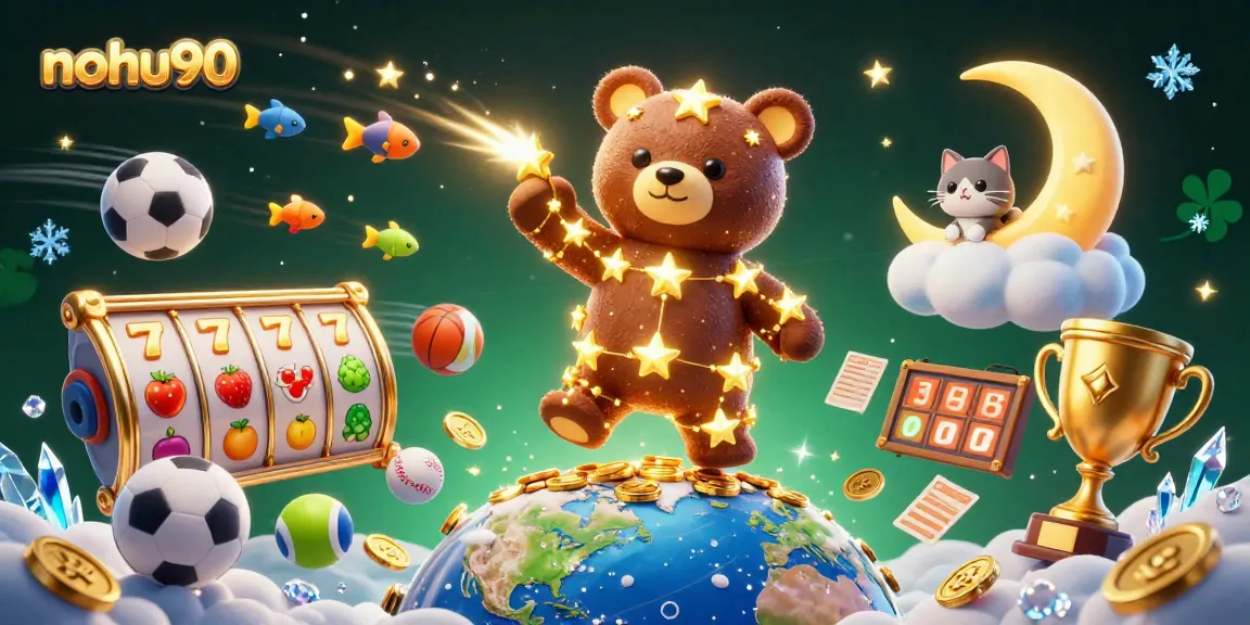 Experience the thrill of nohu90 with an enchanting scene featuring a constellation bear, lucky symbols, and vibrant casino elements.