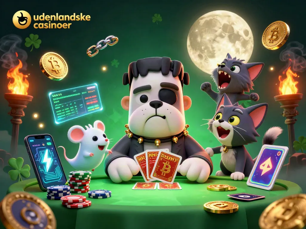 Engage with udenlandske casinoer featuring a whimsical scene of a bulldog monster dealing cards amidst vibrant gaming elements.